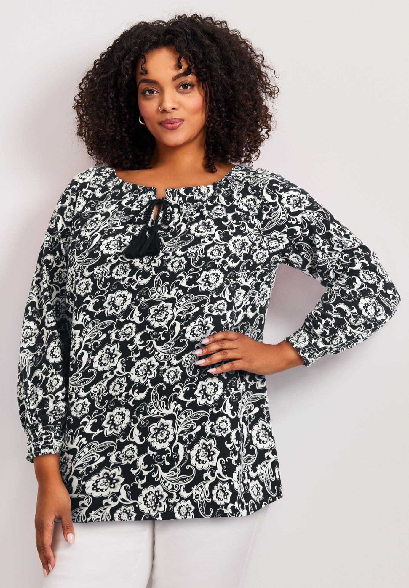 Ombre Print Top, BLACK SCROLL BLOOM, hi-res image number 0