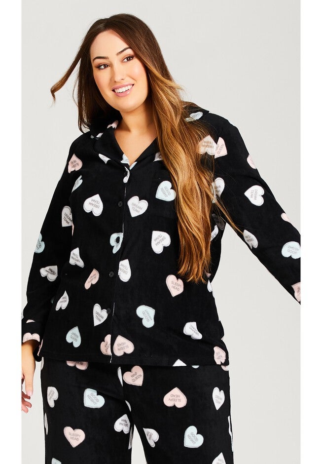 Button Up Fleece Top, HEART PRINT, hi-res image number 0