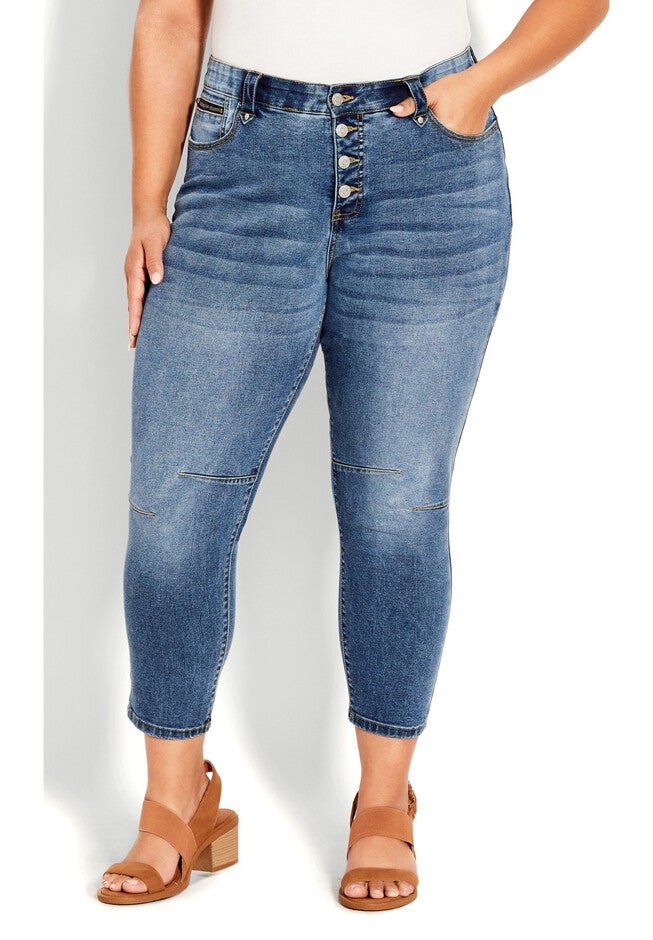 Crop Exposed Button Jean, MID WASH, alternate image number 3