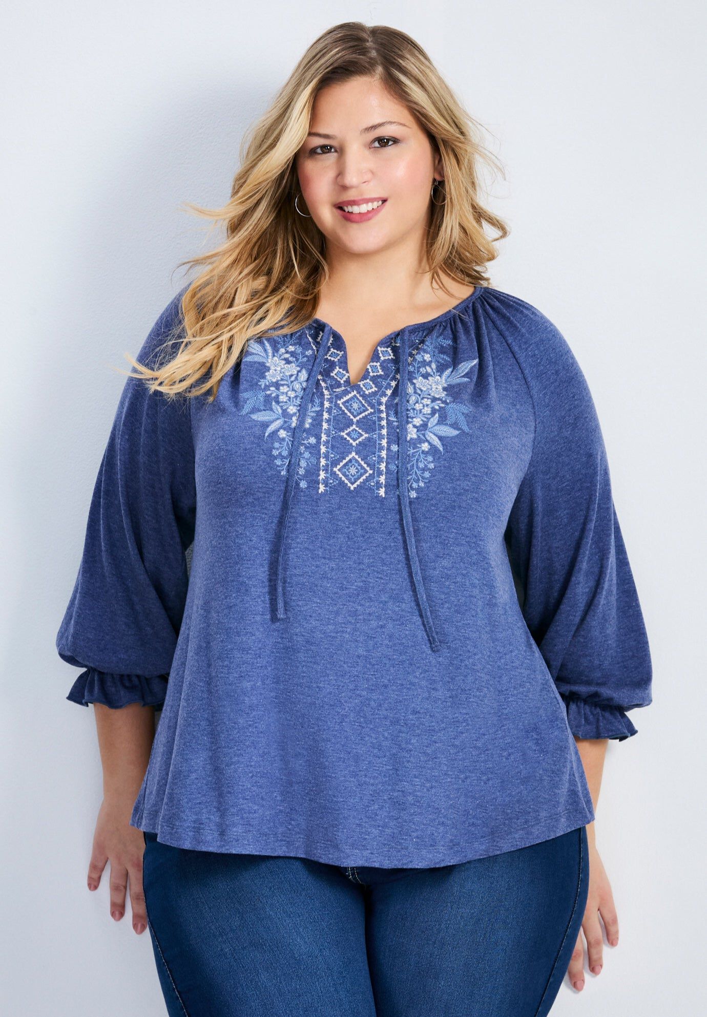 Brie Embroidered Neckline Top, NAVY MARLE, hi-res image number 0