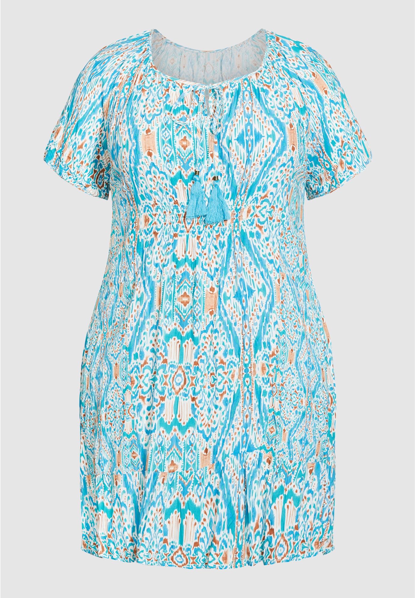 Avalon Crush Tassel Tie Ruffle Tunic, AQUA IKAT, on-hover image number 1
