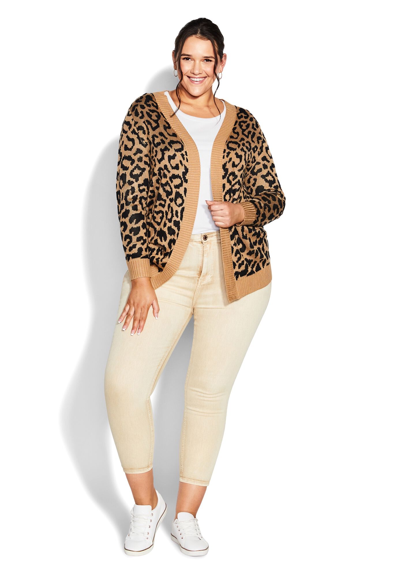 Longline Print Cardigan, TAN, on-hover image number 1