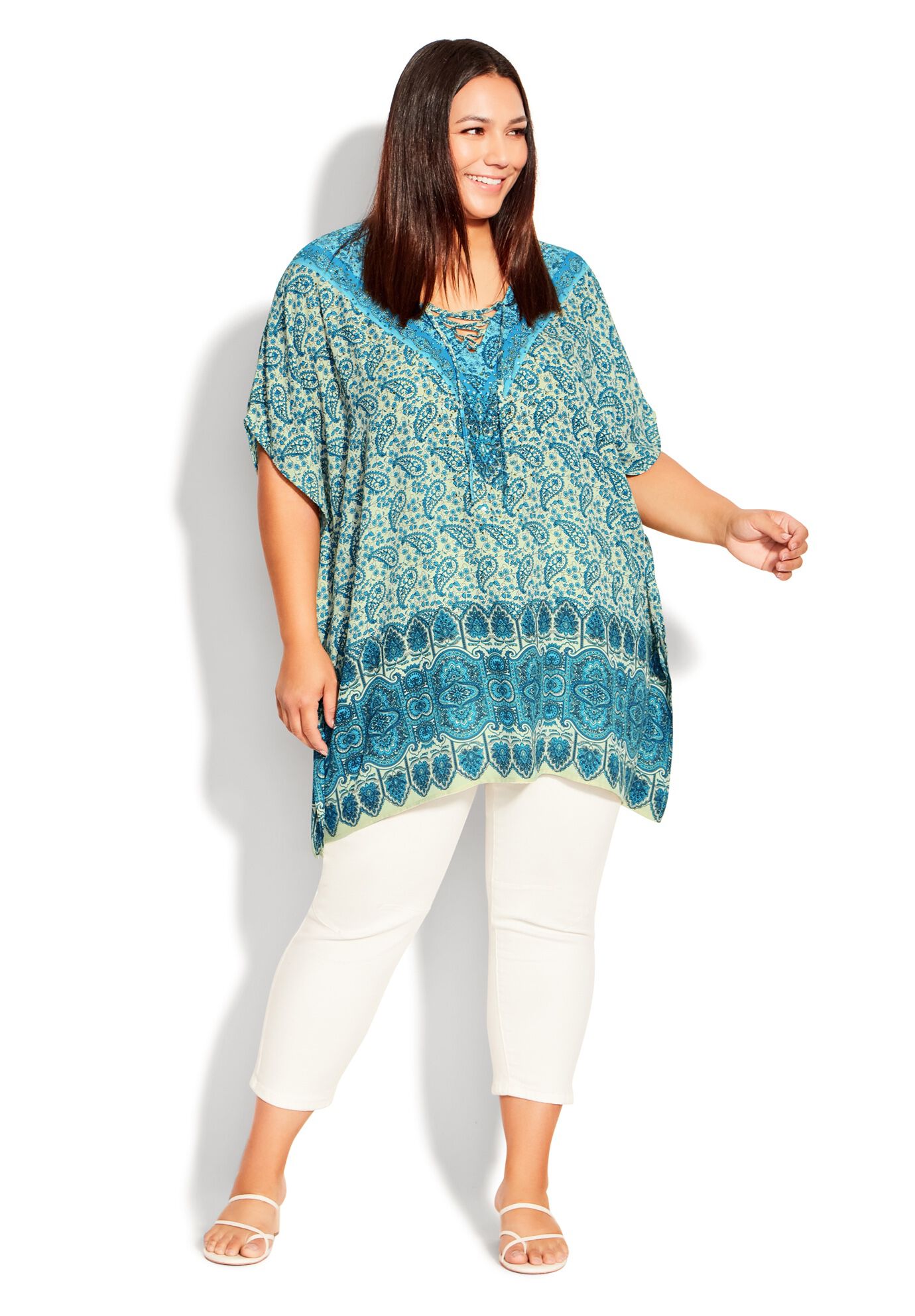 Tie Neck Poncho, SEACLIFF PLACED BORD, on-hover image number 1