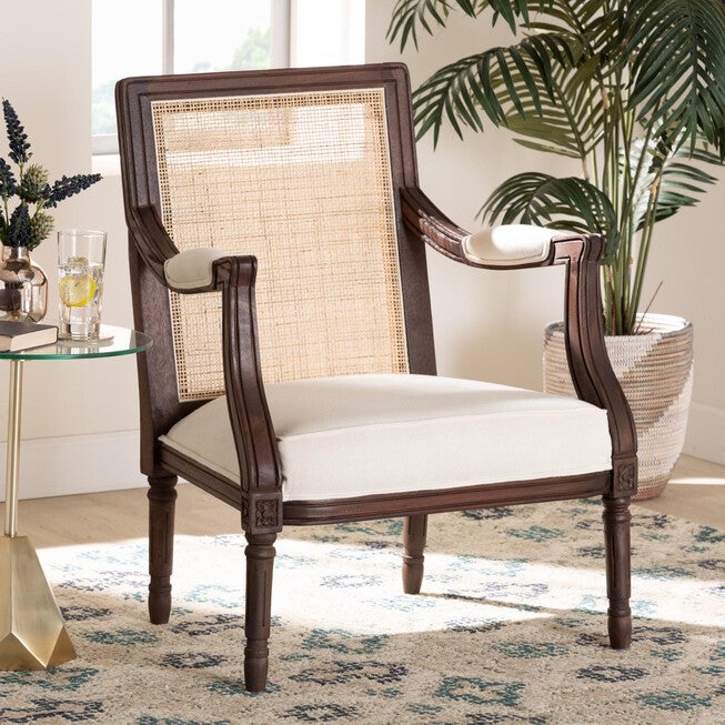 Garridan Traditional French Beige Fabric And Dark Brown Finished Wood Accent Chair, , alternate image number null