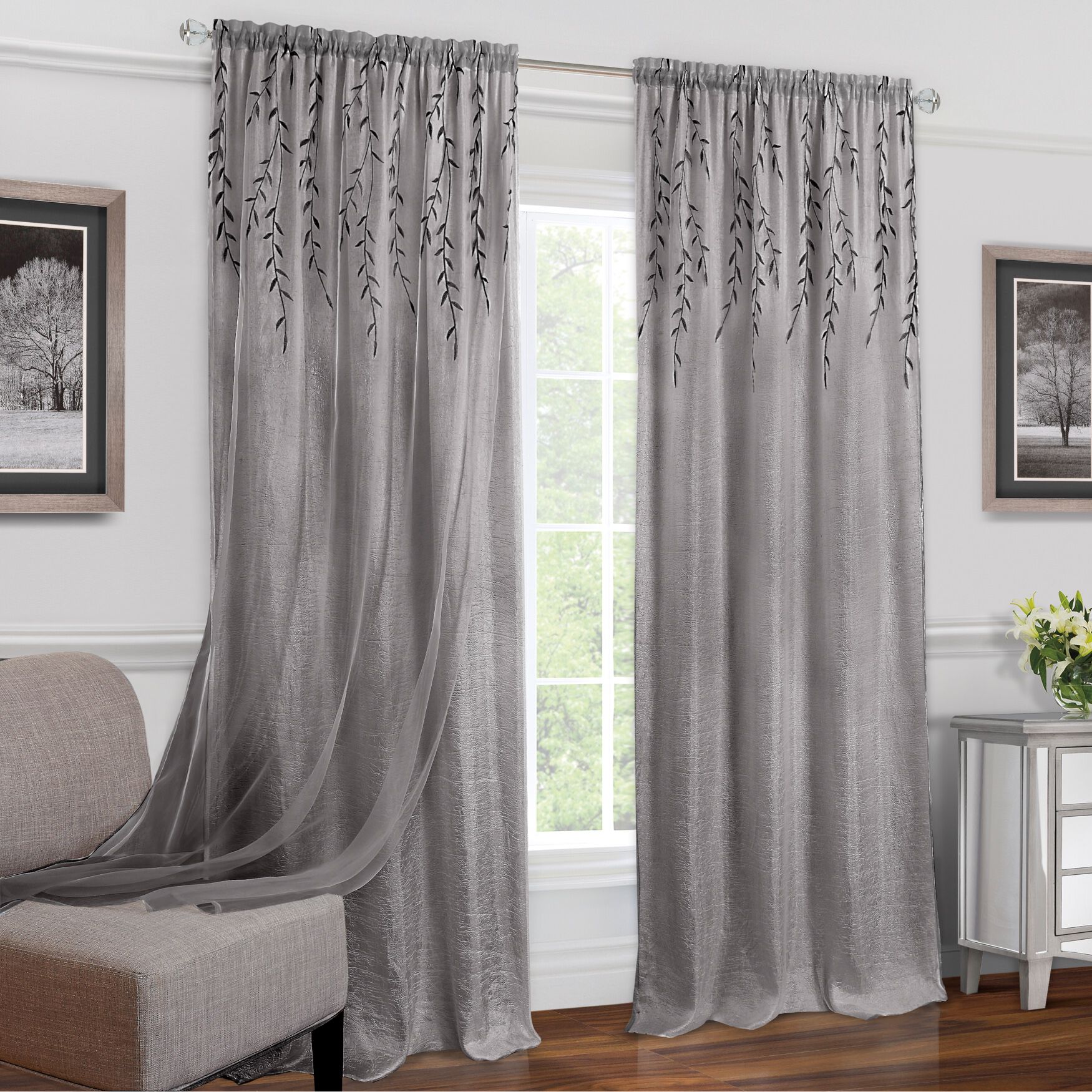 Willow Rod Pocket Window Curtain Panel, GREY, hi-res image number 0
