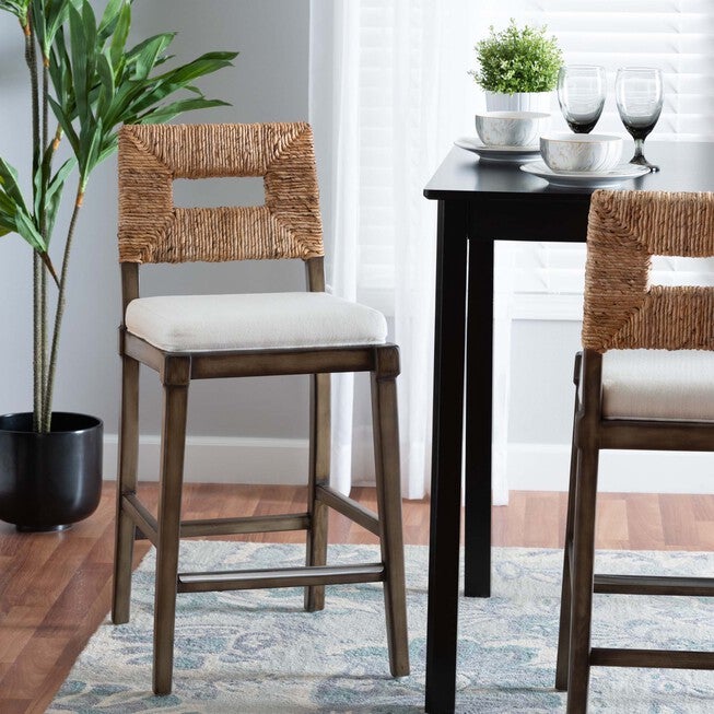 Porsha Modern Bohemian Dark Brown Finished Mahogany Wood And Natural Rattan Counter Stool, , alternate image number null