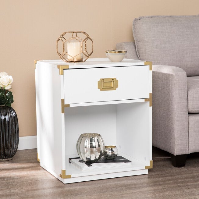 Campaign Tall Storage Side Table with Drawer, WHITE, hi-res image number 0