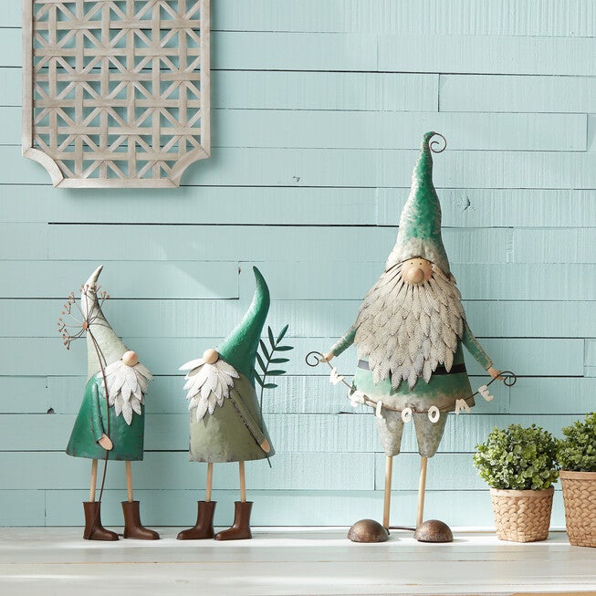 Iron Metal Standing Garden Gnome With Flower (Set Of 2), , on-hover image number 1