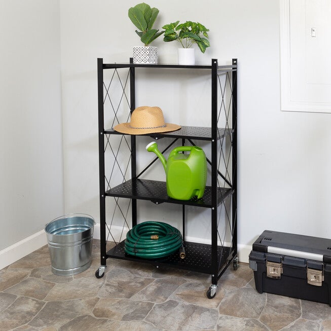 4-Tier Metal Folding Shelf on Wheels, BLACK, hi-res image number 0