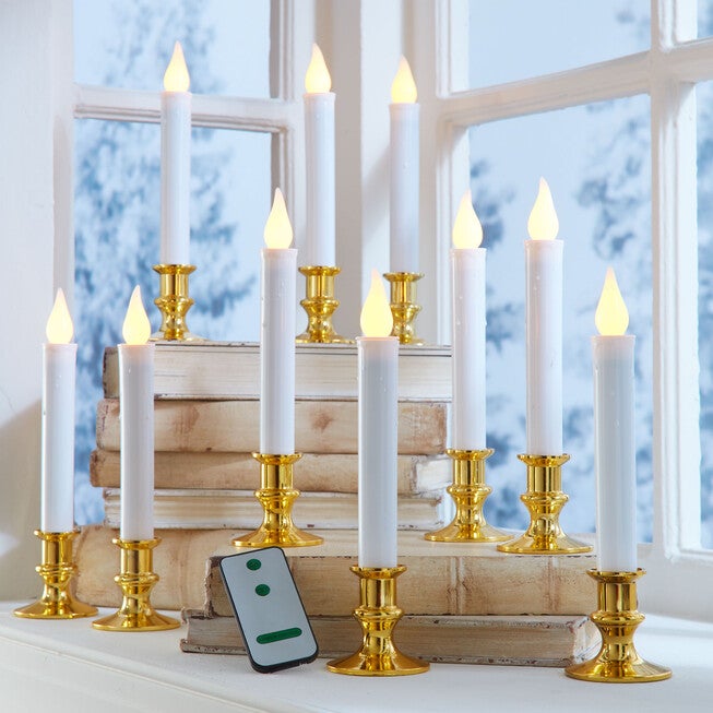 Set of 10 Taper LED Candles with Remote, WHITE GOLD, hi-res image number null