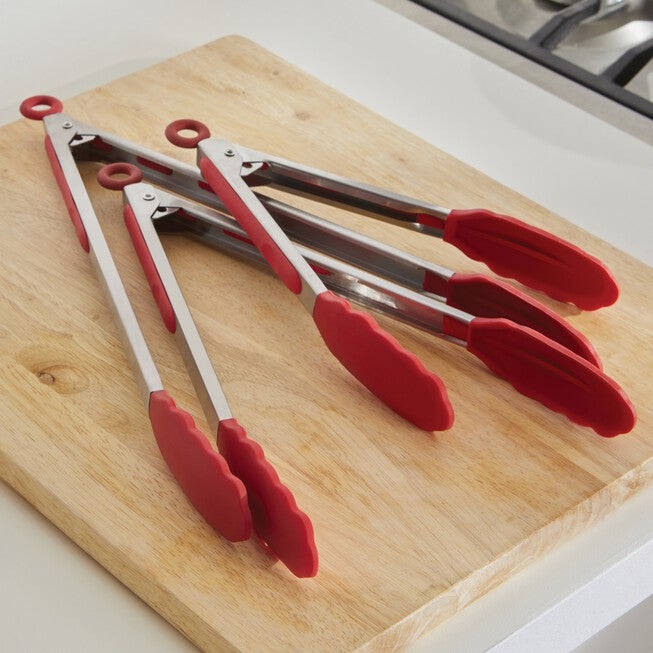 Stainless Tongs, Set of 3, RED, hi-res image number 0