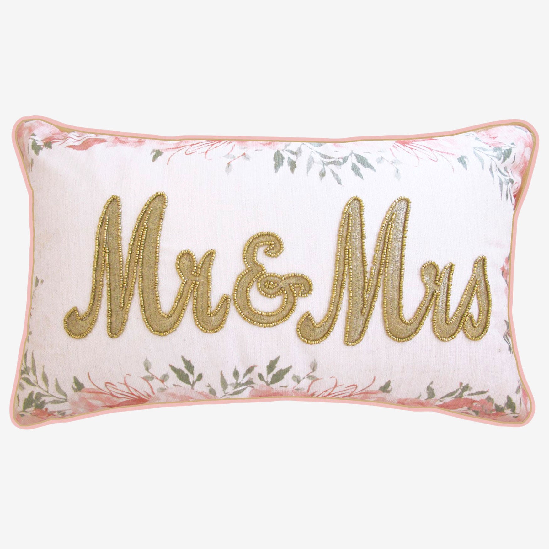Floral Beaded "Mr & Mrs" Decorative Pillow, OYSTER PINK, hi-res image number 0