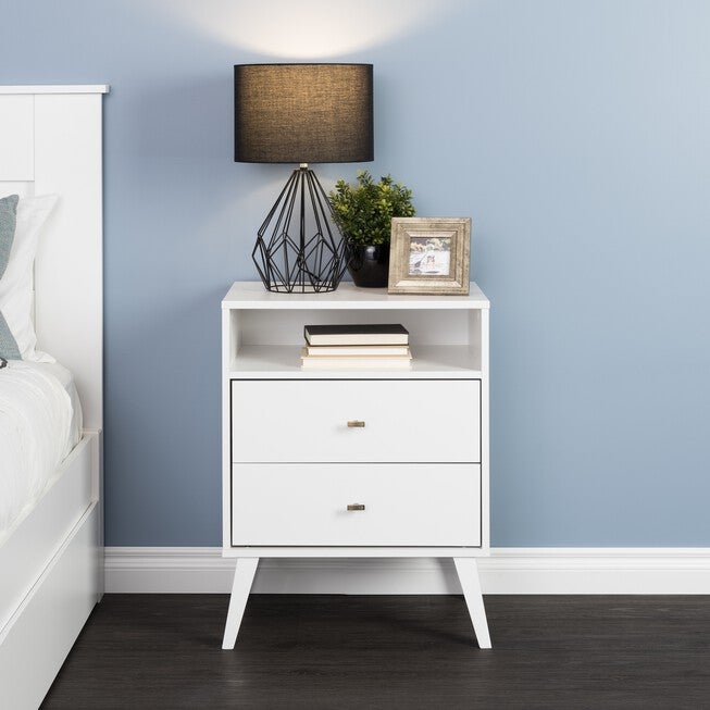 Milo 2-drawer Tall Nightstand with Open Shelf, White, WHITE, hi-res image number null