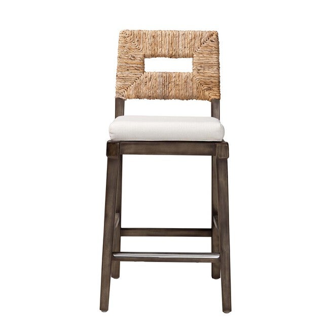 Porsha Modern Bohemian Dark Brown Finished Mahogany Wood And Natural Rattan Counter Stool, , on-hover image number null