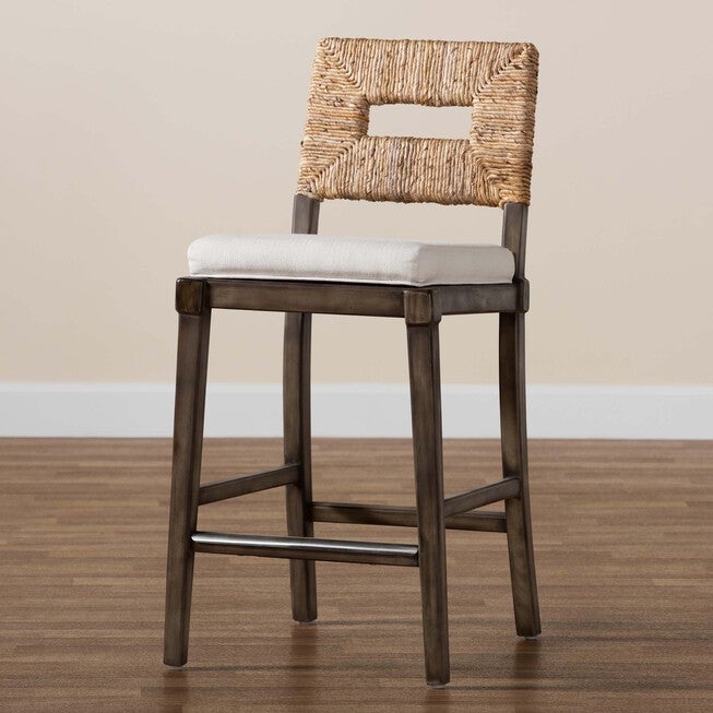 Porsha Modern Bohemian Dark Brown Finished Mahogany Wood And Natural Rattan Counter Stool, , alternate image number null