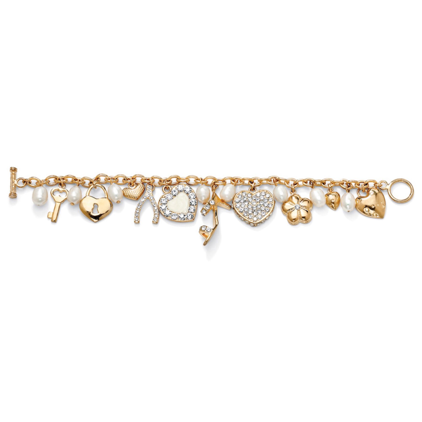 Gold Tone Charm Bracelet Crystal and Cultured Freshwater Pearl 8 inches, , alternate image number 3
