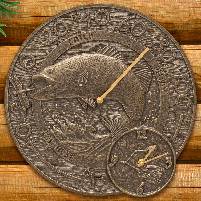 Bass 14 inches Indoor Outdoor Wall Thermometer With Clock Combo, FRENCH BRONZE, hi-res image number null