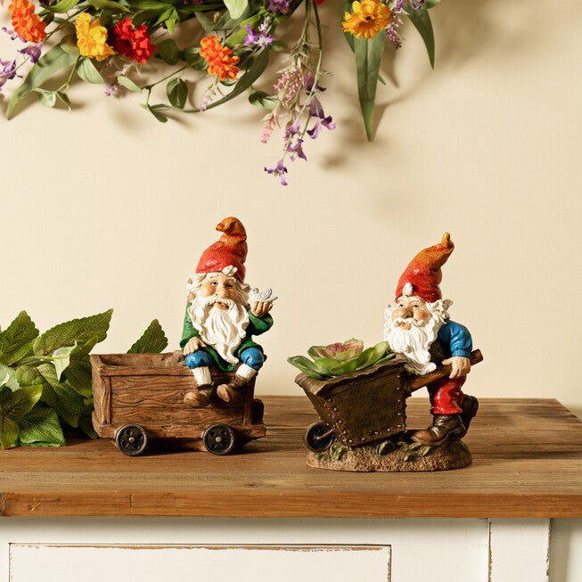 Garden Gnome Figurine With Wagon And Wheelbarrow (Set Of 2), , on-hover image number null