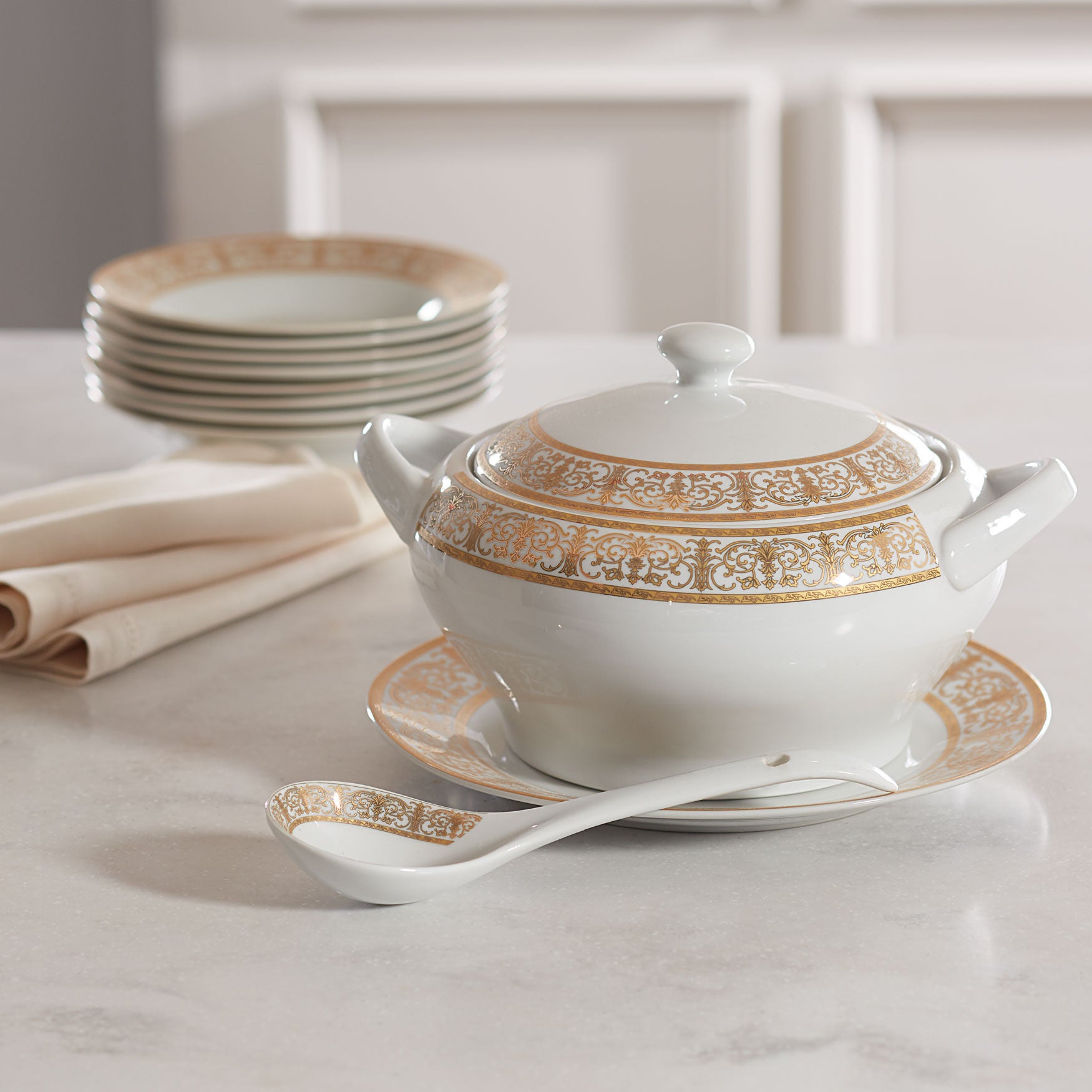 Medici 4-Pc. Porcelain Soup Tureen Set, GOLD WHITE, hi-res image number 0