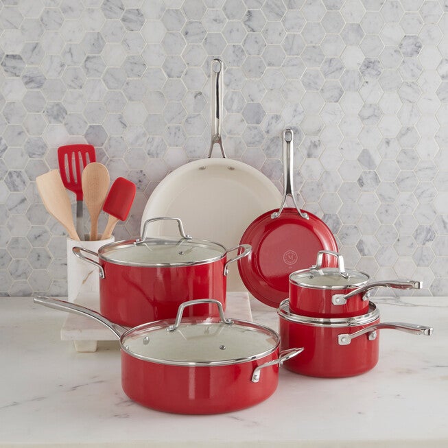 Martha Stewart 14-PC Non-stick Aluminum Cookware Set, RED, hi-res image number null