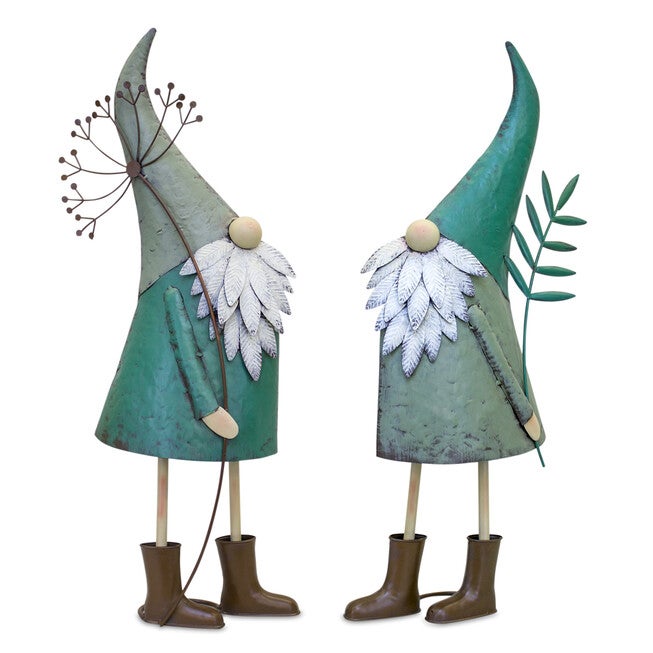 Iron Metal Standing Garden Gnome With Flower (Set Of 2), BROWN, hi-res image number 0