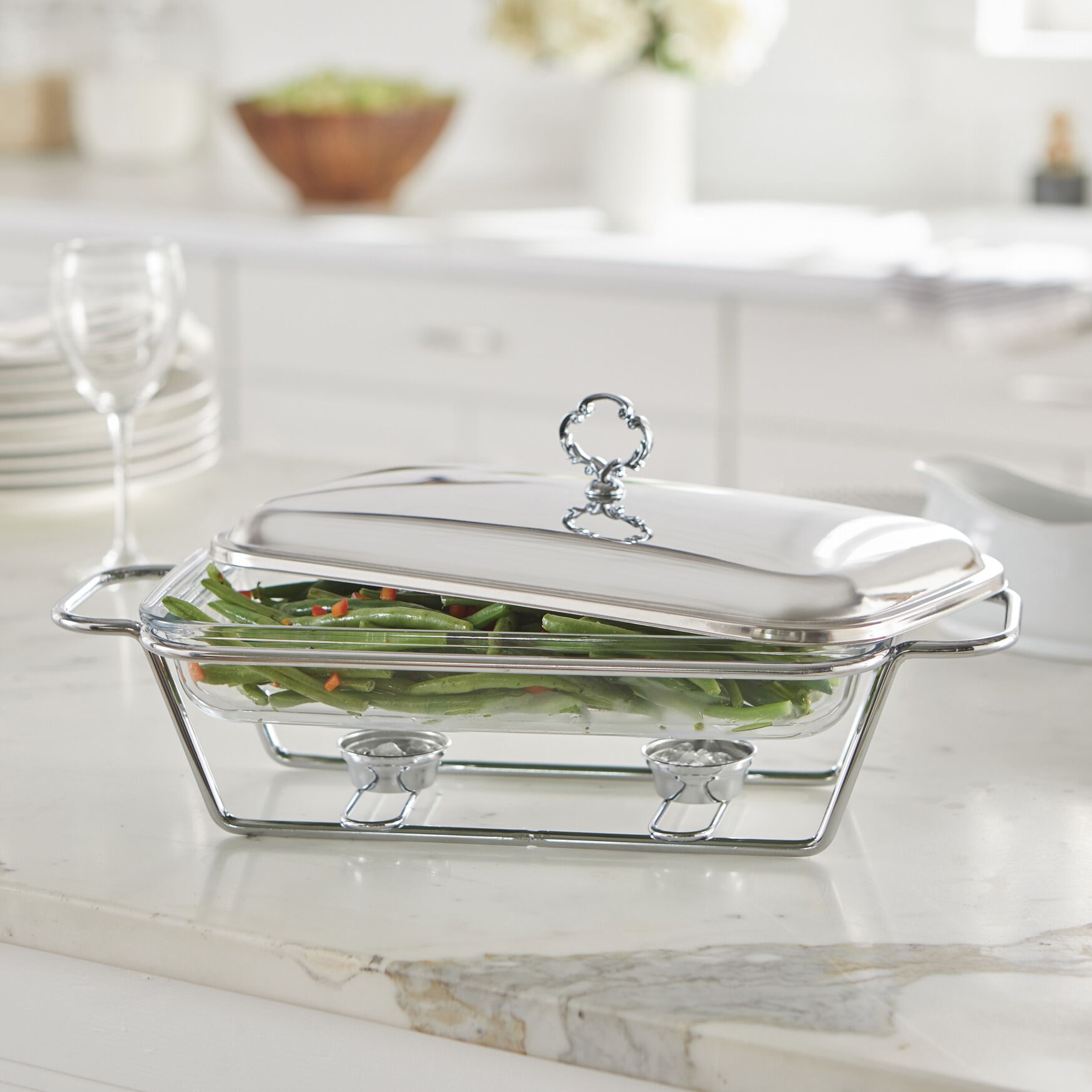 2.3-Qt. Rectangular Glass Chafing Dish, STAINLESS, hi-res image number 0