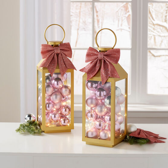 19"H Gold Lantern with Ornaments, GOLD PINK, hi-res image number null
