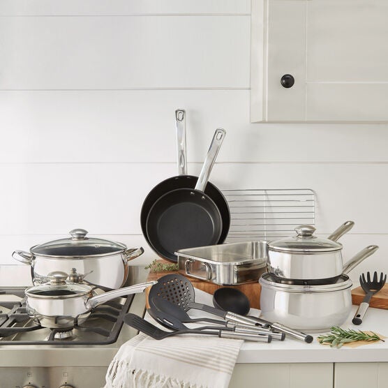 18-Pc. Belly Shaped 18/10 Stainless Steel Cookware Set, STAINLESS, hi-res image number null