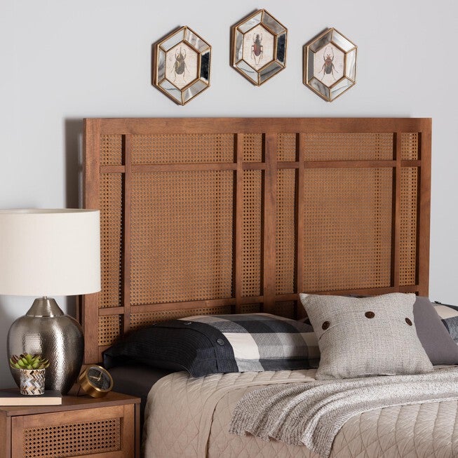 Katrice Mid-Century Modern Ash Walnut Finished Wood Queen Size Headboard With Rattan, , alternate image number null