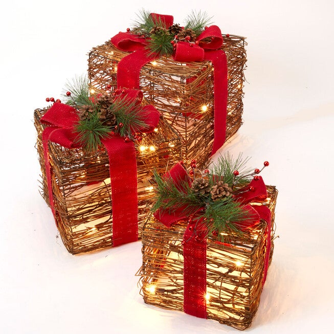 Set of 3 Pre-Lit Rattan Gift Boxes , NATURAL, hi-res image number null