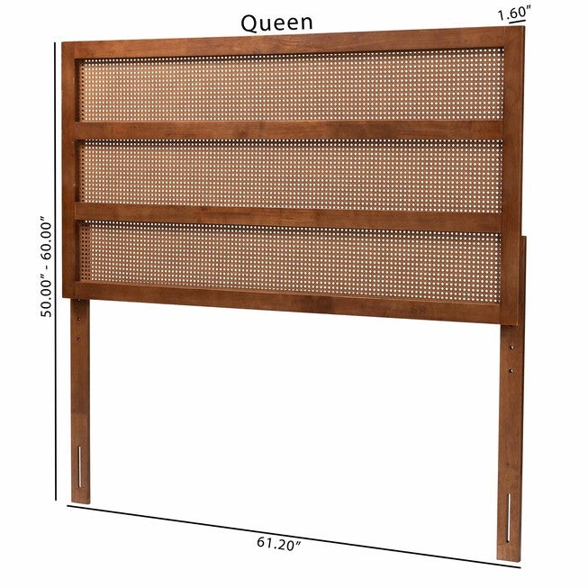 Berne Mid-Century Modern Ash Walnut Finished Wood Queen Size Headboard With Rattan, , alternate image number null