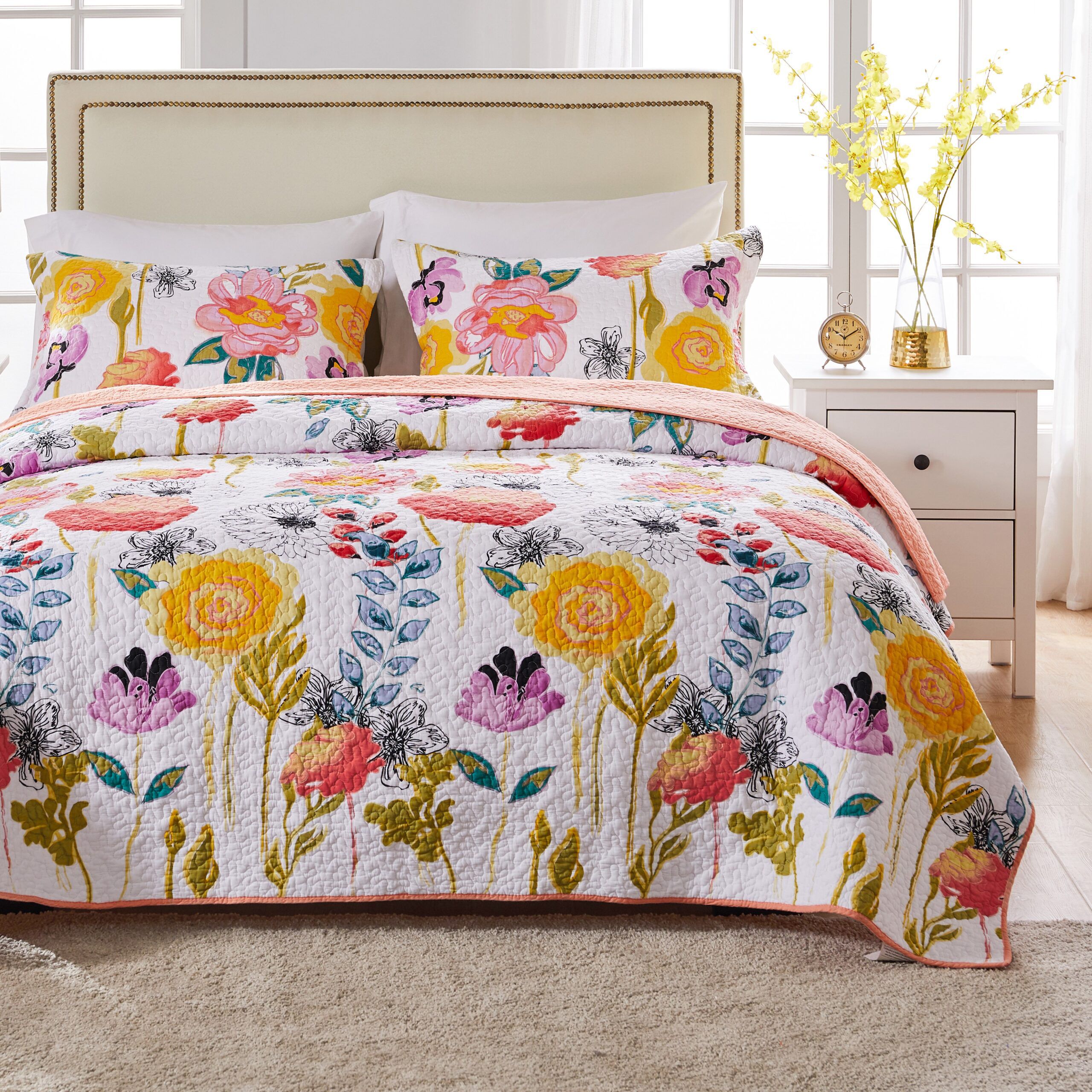Watercolor Dream Floral 100% Cotton Quilt Set, WHITE, alternate image number 1