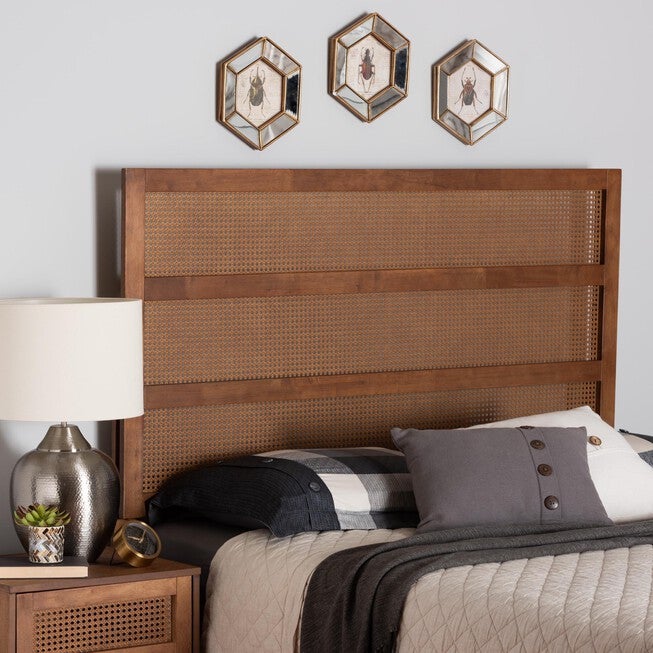 Berne Mid-Century Modern Ash Walnut Finished Wood Queen Size Headboard With Rattan, , alternate image number null