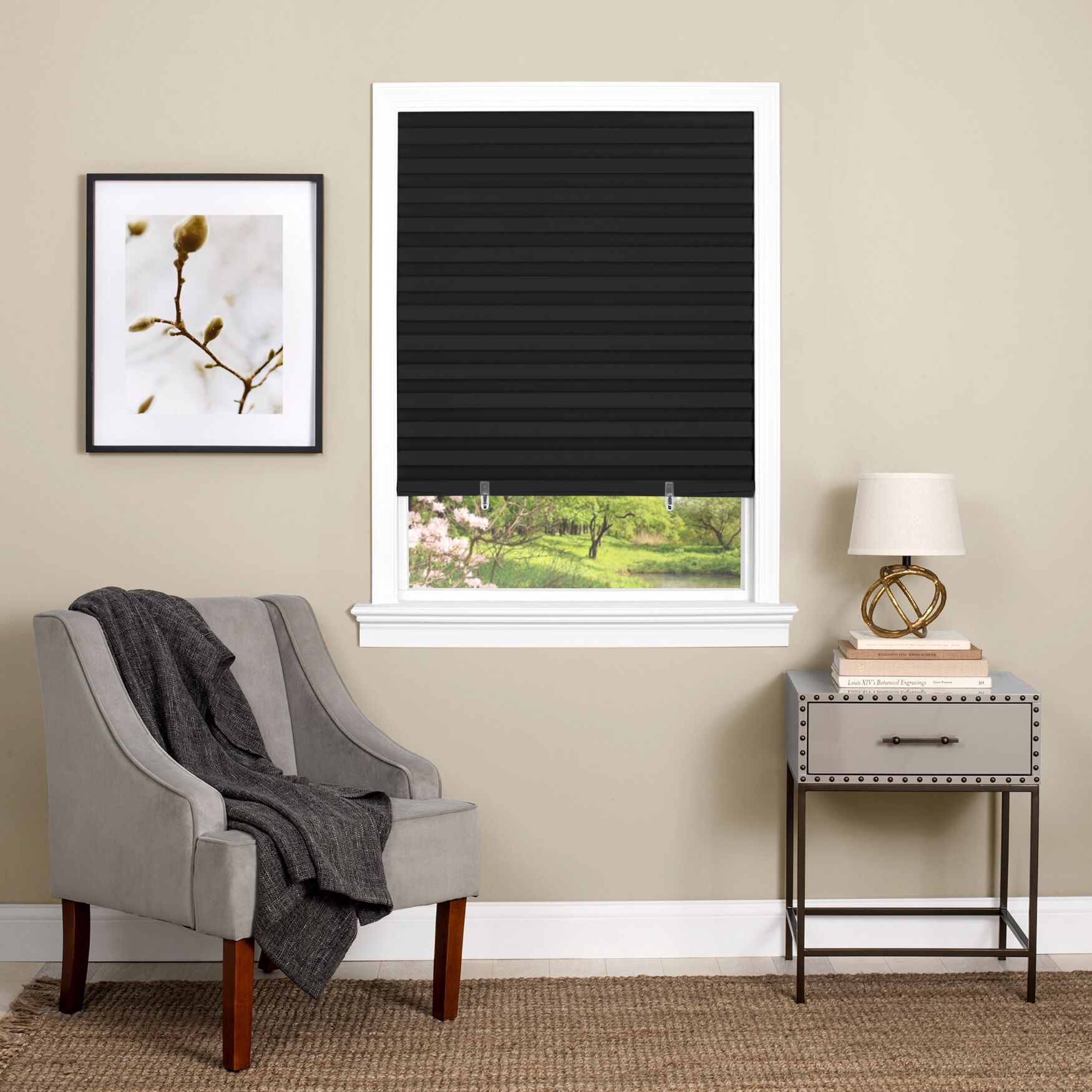 Cordless 1-2-3 Vinyl Room Darkening Pleated Window Shade, BLACK, hi-res image number 0