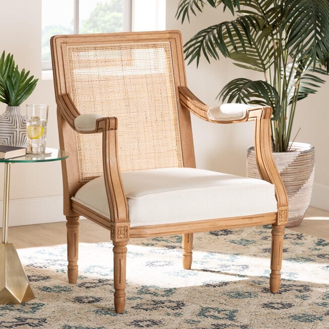 Garridan Traditional French Beige Fabric And Dark Brown Finished Wood Accent Chair, , alternate image number null