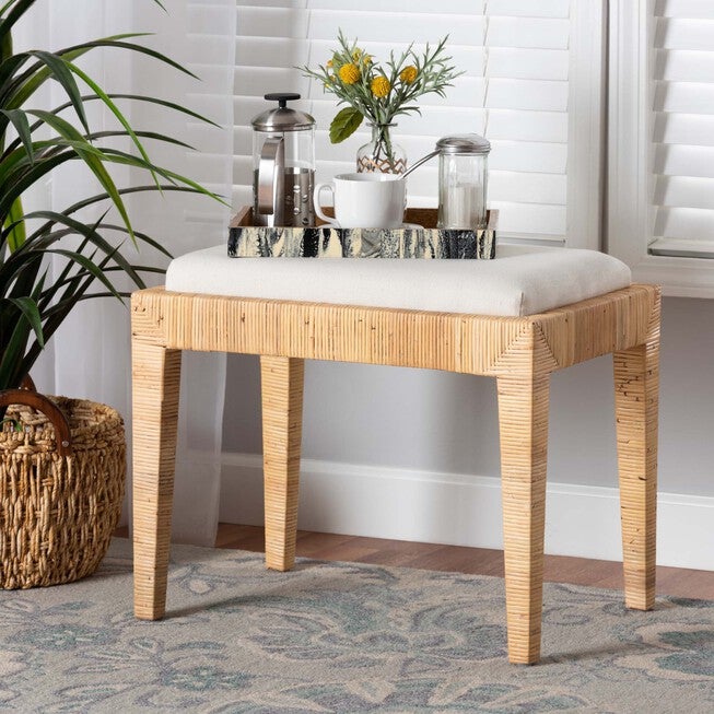 Sofia Modern Bohemian Natural Brown Rattan And Mahogany Wood Ottoman, , alternate image number 4