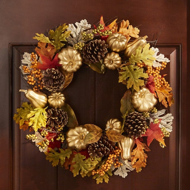 20" Gold Pumpkin Harvest Wreath, GOLD, hi-res image number null