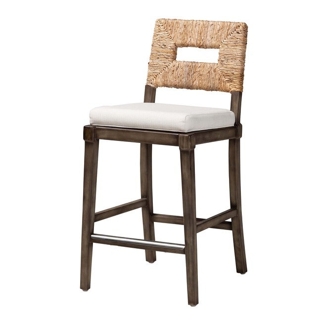 Porsha Modern Bohemian Dark Brown Finished Mahogany Wood And Natural Rattan Counter Stool, DARK BROWN, hi-res image number null