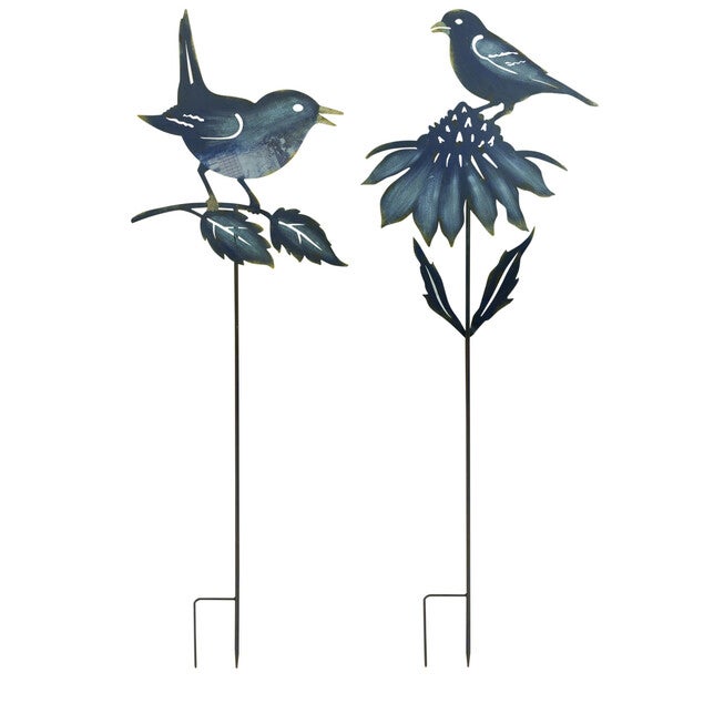 Iron Metal Cut Out Bird And Flower Garden Stake (Set Of 2), BLUE, hi-res image number null
