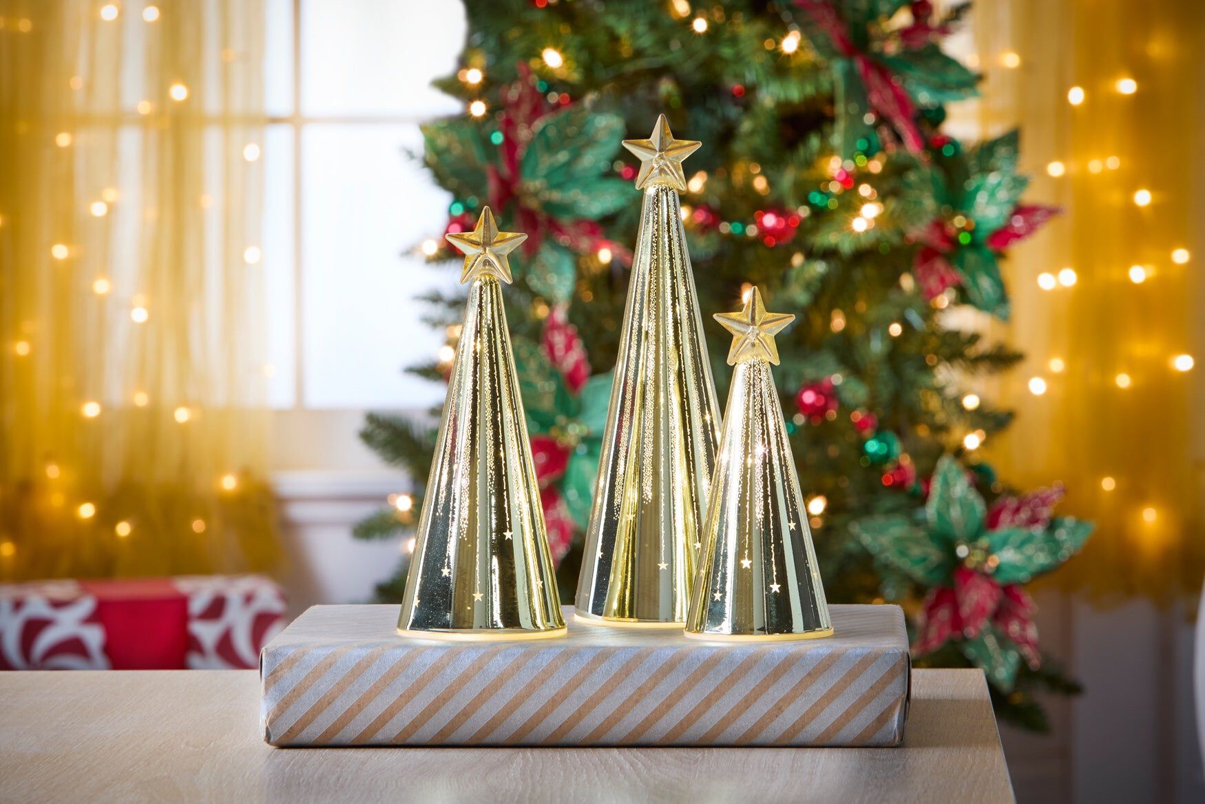 Pre-Lit Glass Tabletop Tree, Set of 3