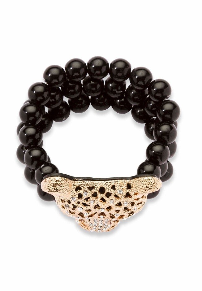 Goldtone Onyx Leopard Stretch Bracelet (42mm), Round Crystal, 8.5 inches, , on-hover image number 1