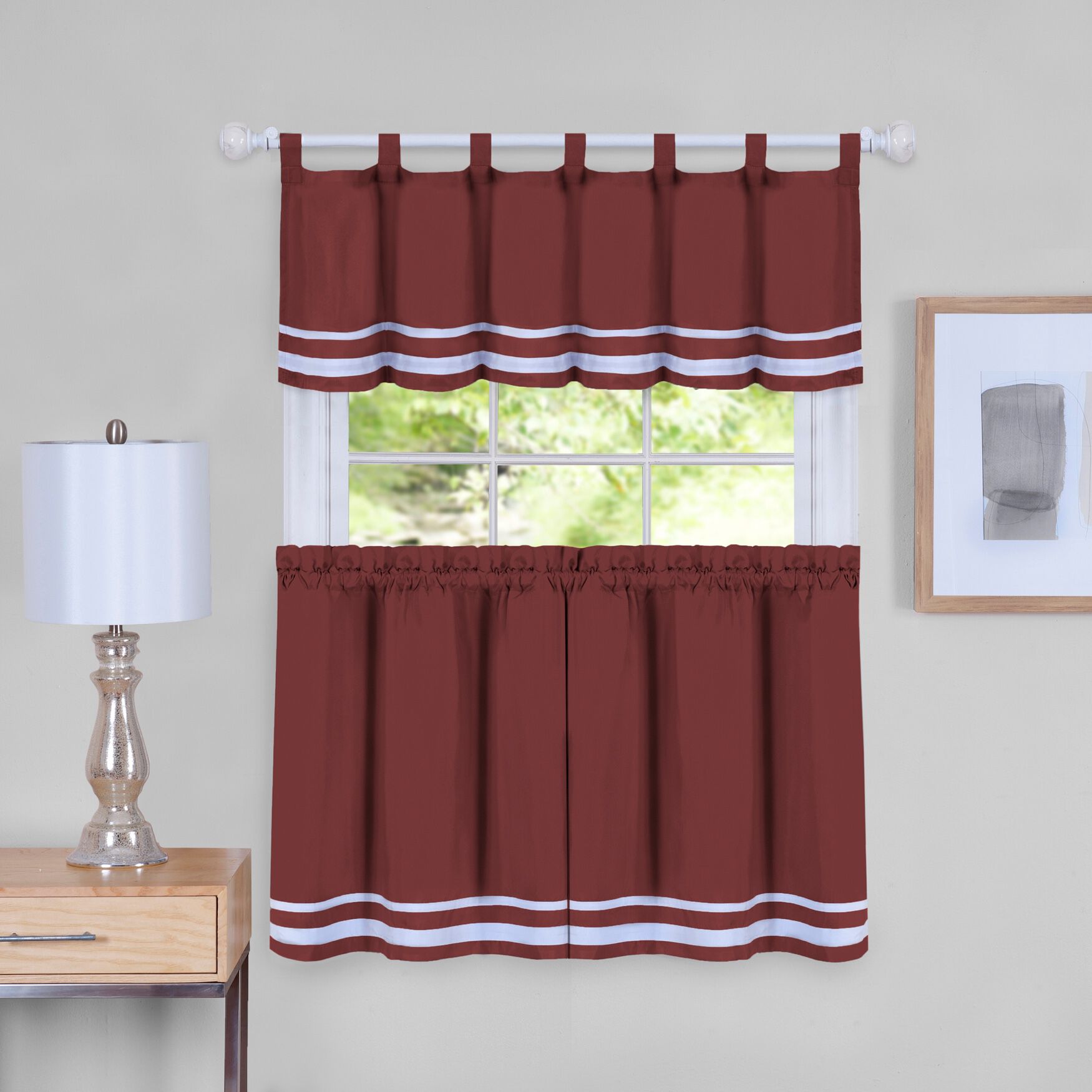 Dakota Window Curtain Tier Pair and Valance Set, BURGUNDY, hi-res image number 0