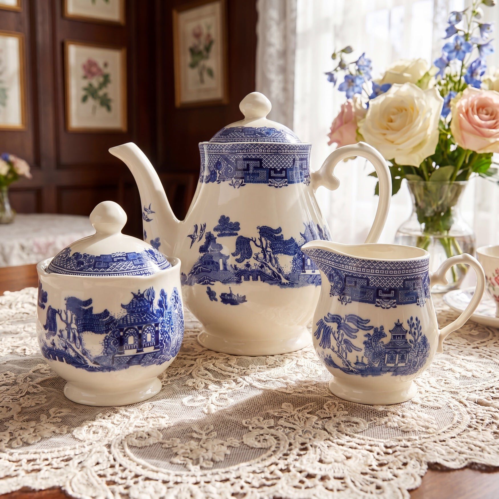 Blue Willow 3-Pc. Teapot Sugar and Creamer Set, BLUE, hi-res image number 0