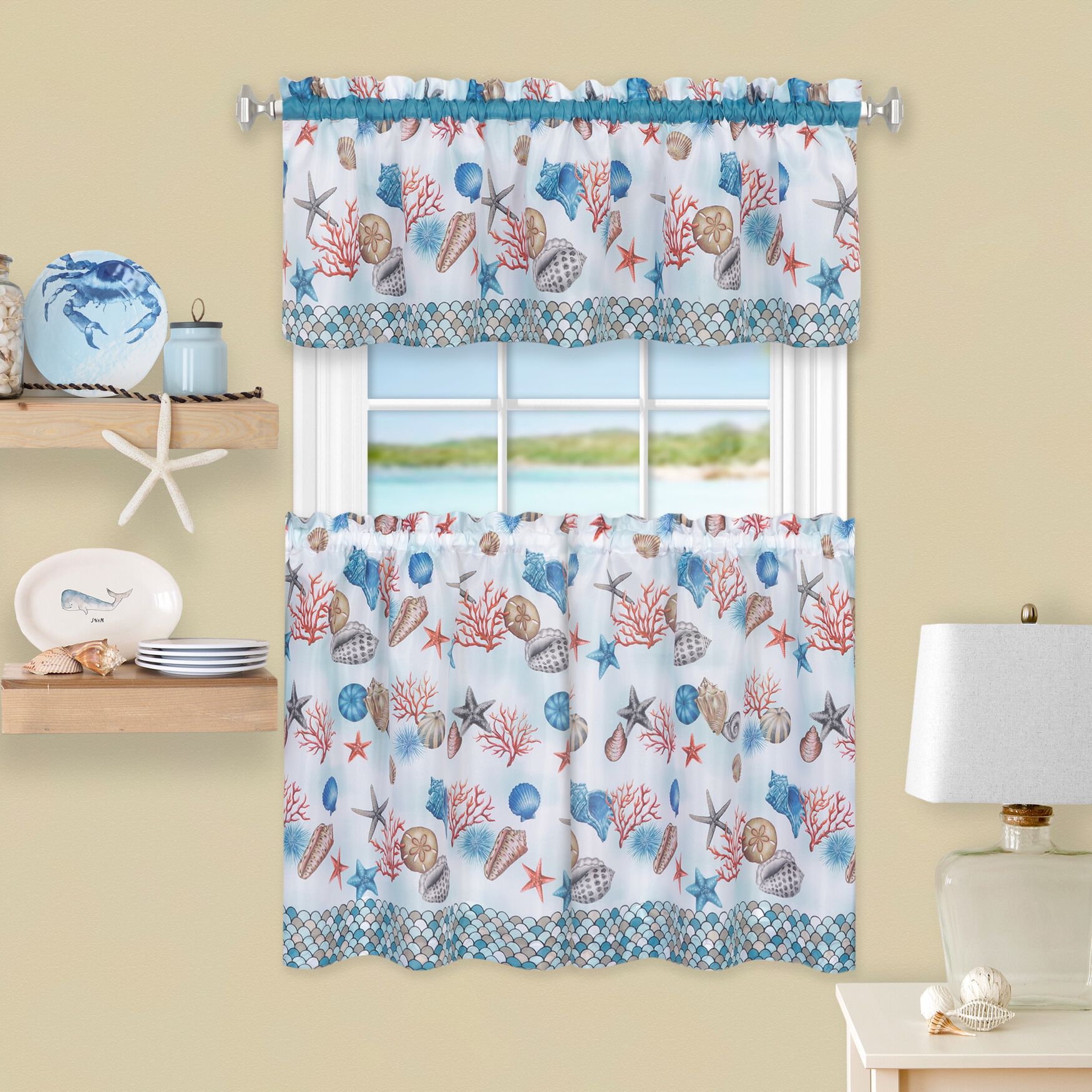 Coastal Tier and Valance Window Curtain Set, BLUE, hi-res image number 0