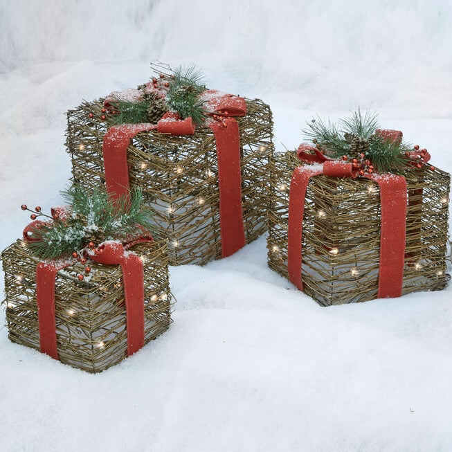 Set of 3 Pre-Lit Rattan Gift Boxes , , alternate image number null