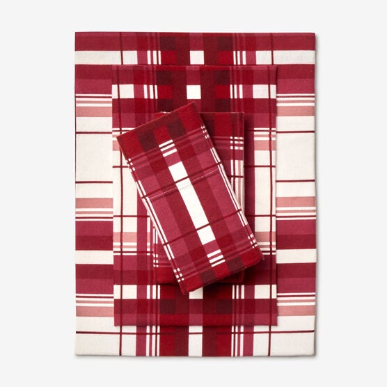 Cotton Flannel Print Sheet Set, CRANBERRY PLAID, hi-res image number null