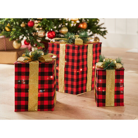Pre-Lit Gift Boxes, Set of 3, PLAID, hi-res image number null