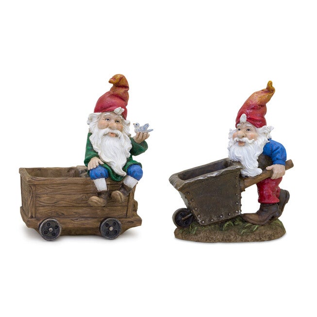 Garden Gnome Figurine With Wagon And Wheelbarrow (Set Of 2), BROWN, hi-res image number null