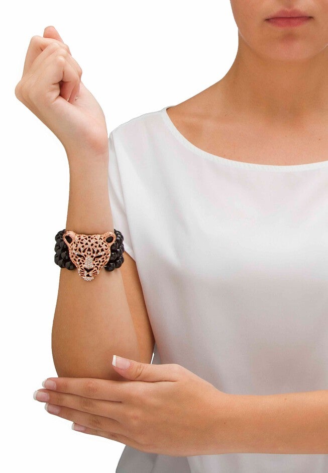 Goldtone Onyx Leopard Stretch Bracelet (42mm), Round Crystal, 8.5 inches, , alternate image number 2