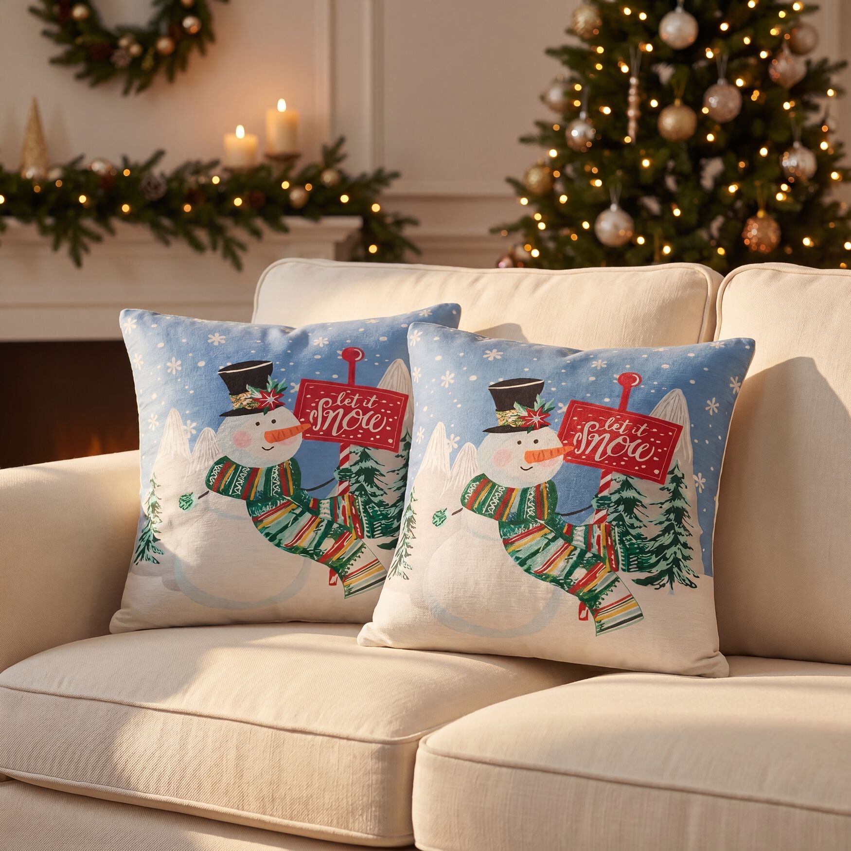 Set of 2 Decorative Pillows, 20 inches x 20 inches, SNOWMAN, hi-res image number 0